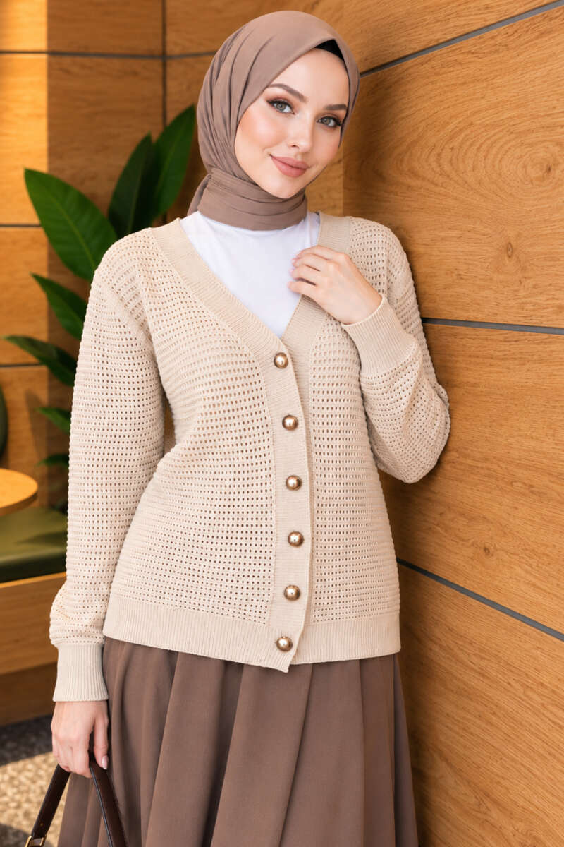 Lace-Pattern V-Neck Knit Cardigan Beige - Image 3