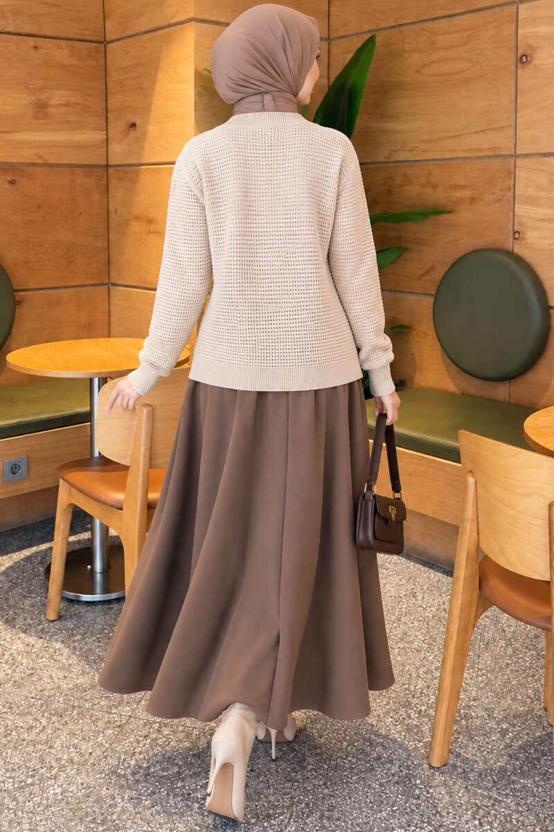 Lace-Pattern V-Neck Knit Cardigan Beige - Image 4