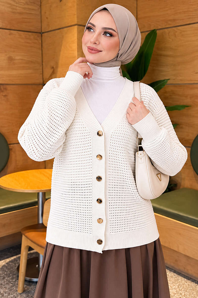 Lace-Pattern V-Neck Knit Cardigan White - Image 3