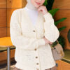 Lace-Pattern V-Neck Knit Cardigan Ecru
