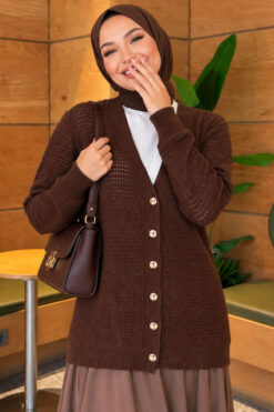 Lace-Pattern V-Neck Knit Cardigan Brown