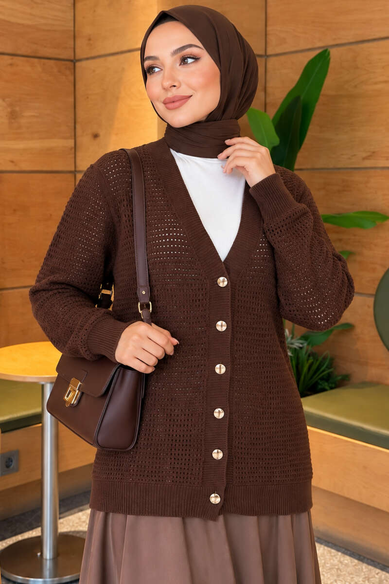 Lace-Pattern V-Neck Knit Cardigan Brown - Image 3