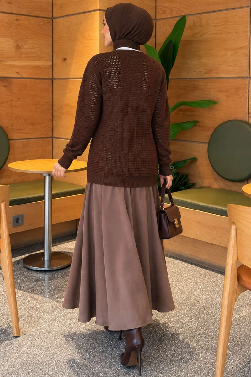 Lace-Pattern V-Neck Knit Cardigan Brown - Image 4