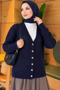 Lace-Pattern V-Neck Knit Cardigan Navy Blue