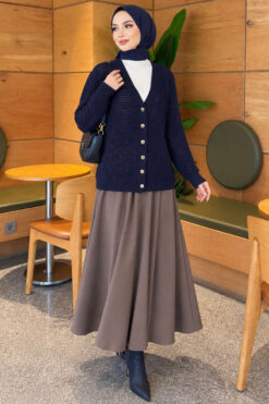 Alternative view of Lace-Pattern V-Neck Knit Cardigan Navy Blue