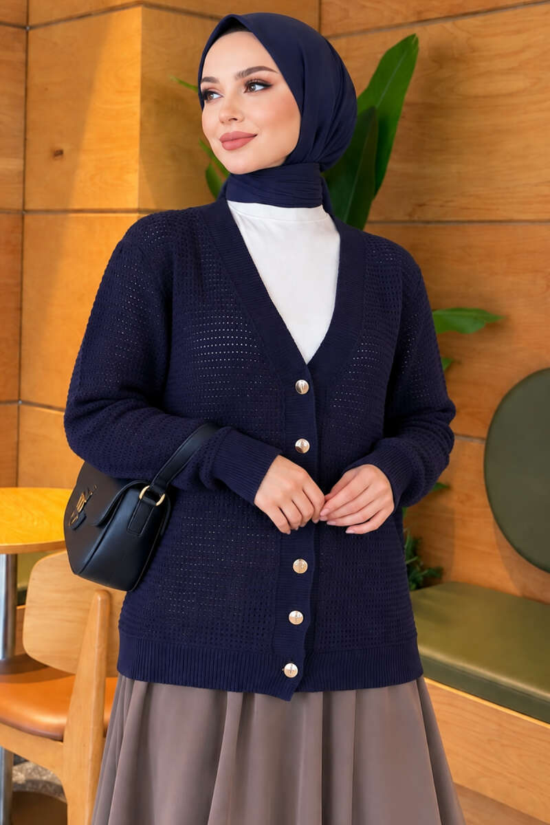 Lace-Pattern V-Neck Knit Cardigan Navy Blue - Image 3