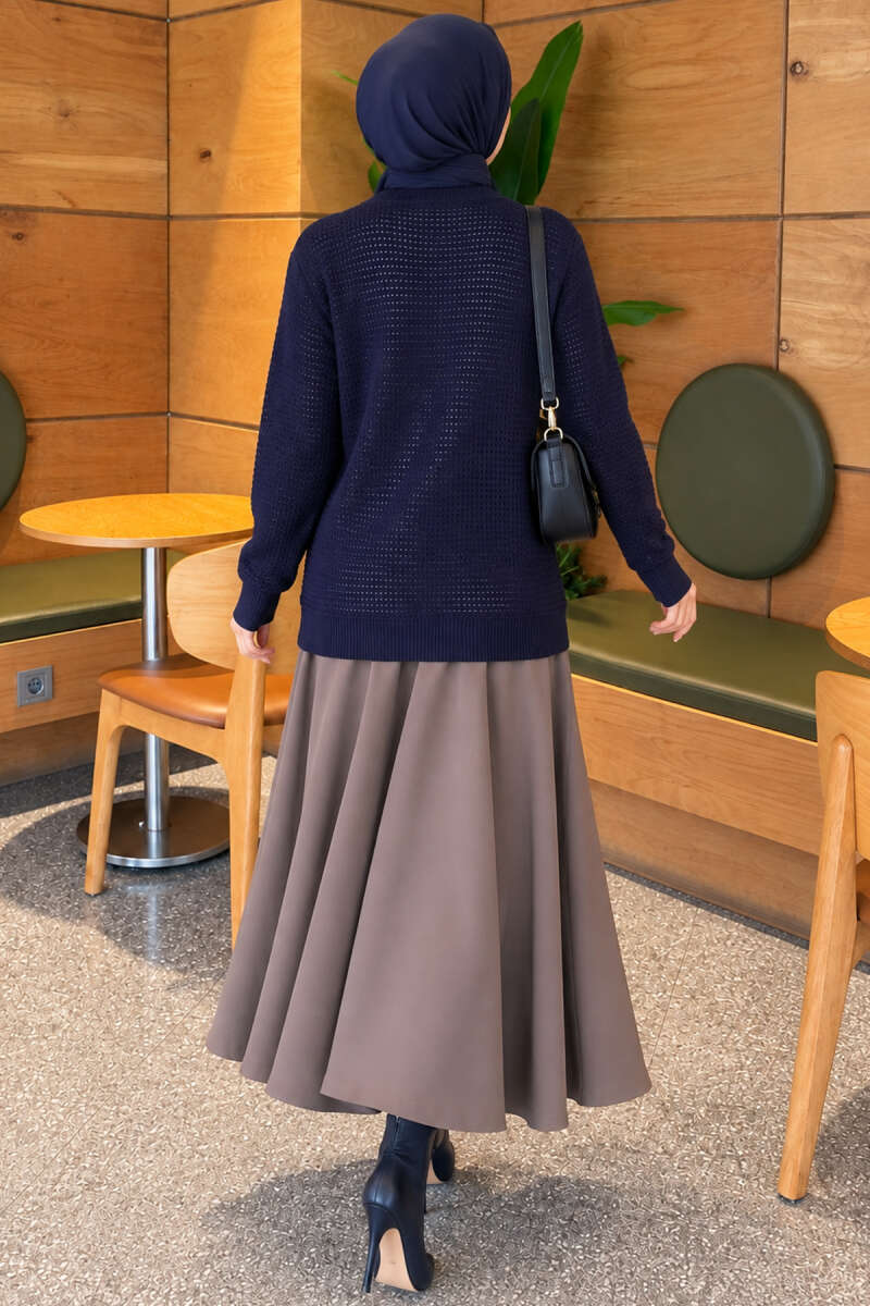 Lace-Pattern V-Neck Knit Cardigan Navy Blue - Image 4