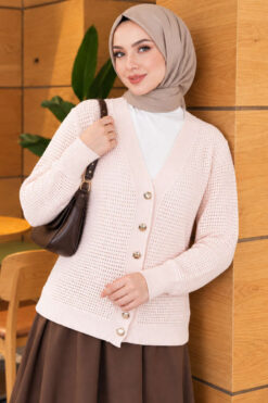 Lace-Pattern V-Neck Knit Cardigan Pink