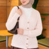 Lace-Pattern V-Neck Knit Cardigan Pink - Image 3