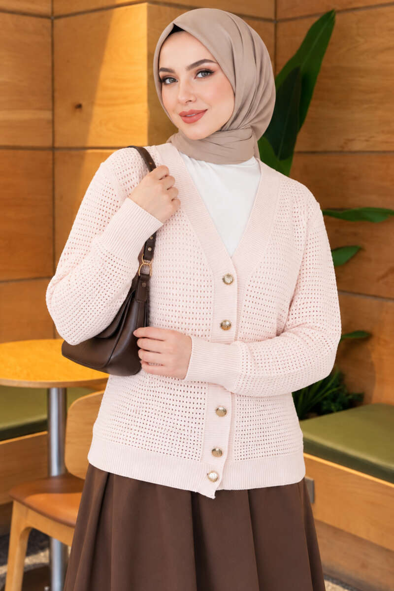 Lace-Pattern V-Neck Knit Cardigan Pink - Image 3
