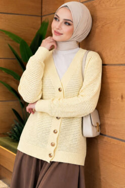 Lace-Pattern V-Neck Knit Cardigan Yellow