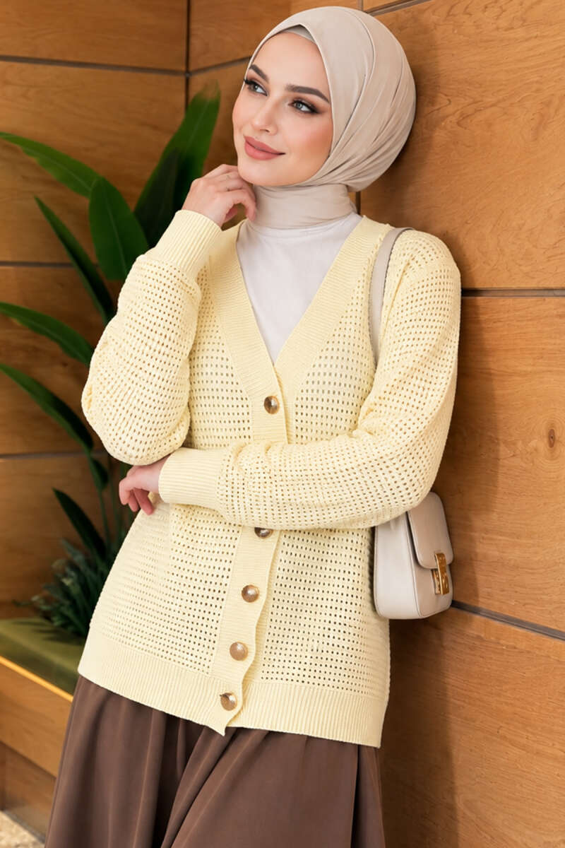Lace-Pattern V-Neck Knit Cardigan Yellow