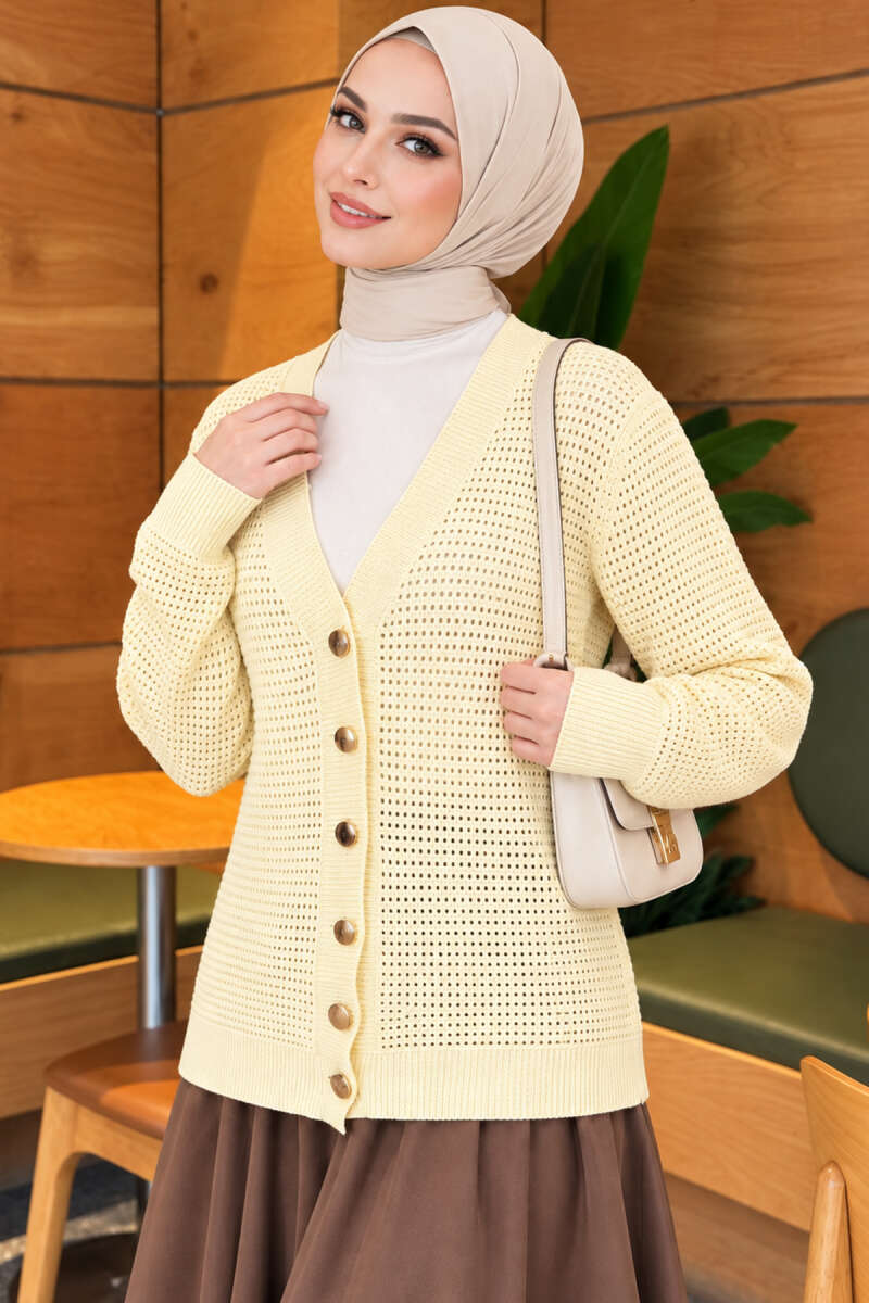 Lace-Pattern V-Neck Knit Cardigan Yellow - Image 3