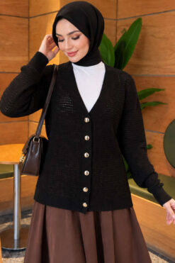 Lace-Pattern V-Neck Knit Cardigan Black