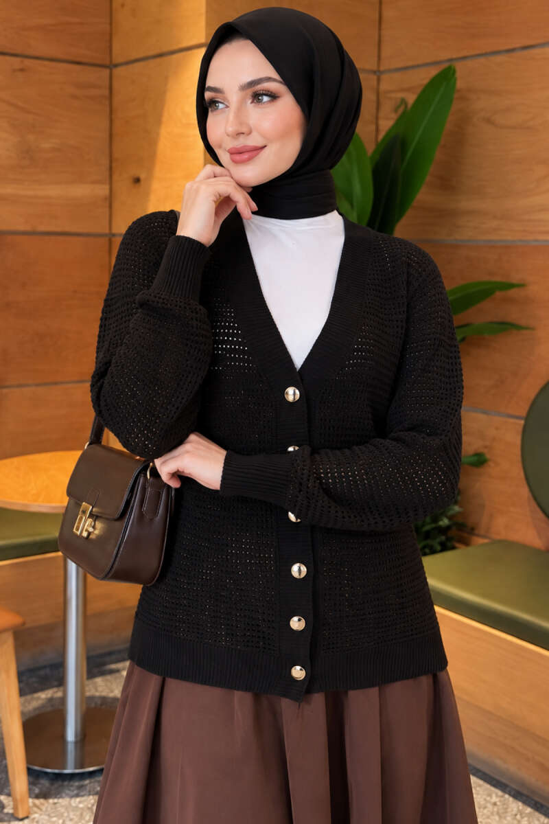Lace-Pattern V-Neck Knit Cardigan Black - Image 3