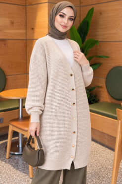 Lace-Patterned V-Neck Long Knit Cardigan Beige