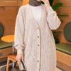 Lace-Patterned V-Neck Long Knit Cardigan Beige - Image 2