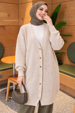 Alternative view of Lace-Patterned V-Neck Long Knit Cardigan Beige