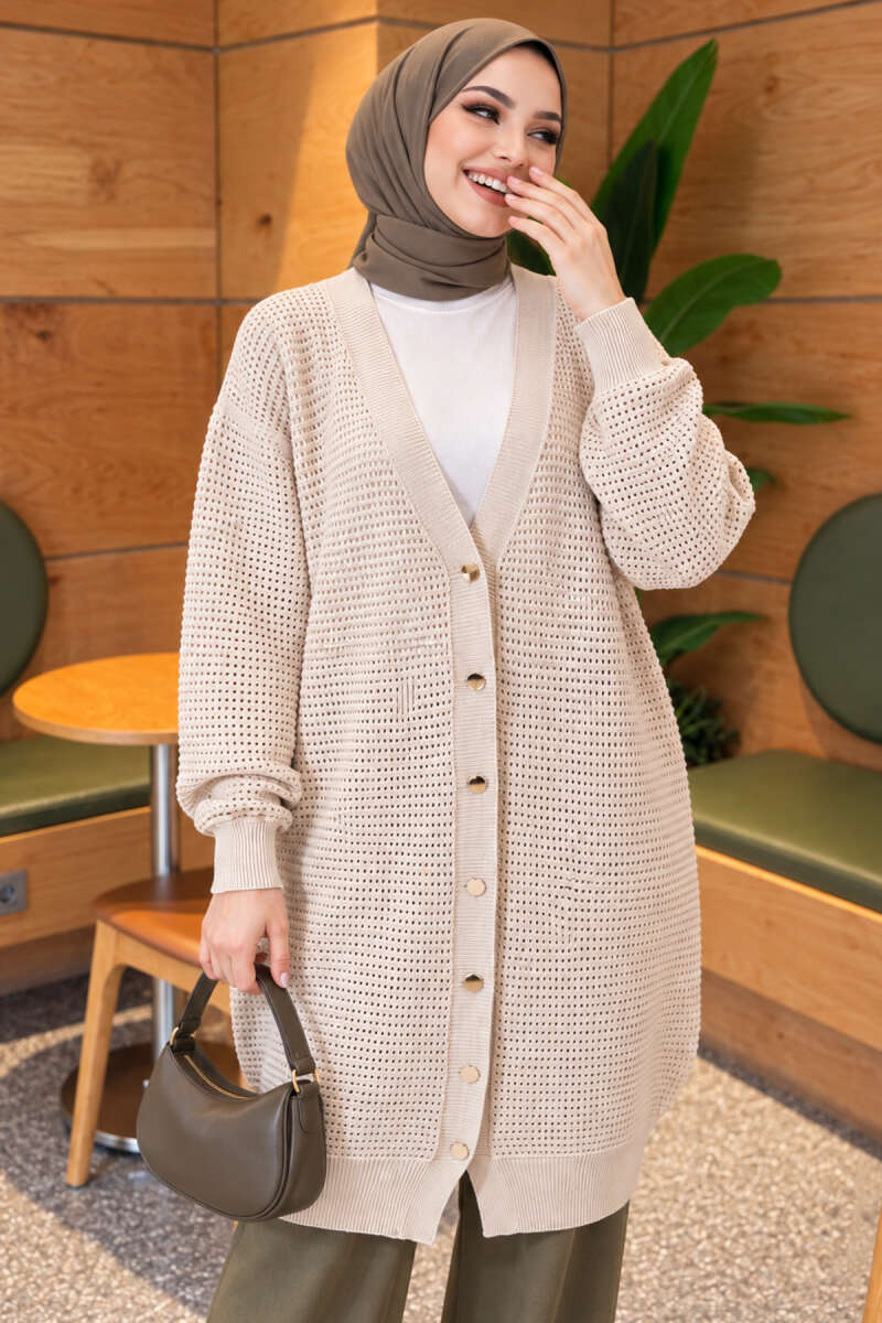 Lace-Patterned V-Neck Long Knit Cardigan Beige - Image 2