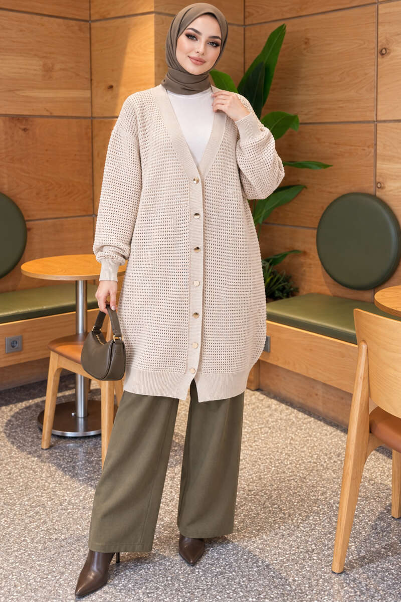 Lace-Patterned V-Neck Long Knit Cardigan Beige - Image 3