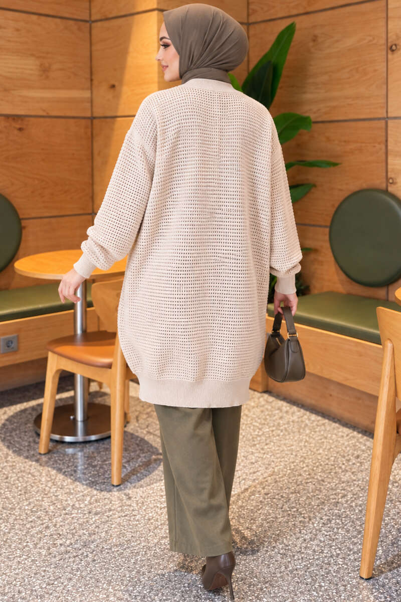 Lace-Patterned V-Neck Long Knit Cardigan Beige - Image 4