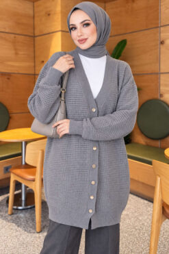 Lace-Patterned V-Neck Long Knit Cardigan Grey
