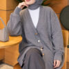 Lace-Patterned V-Neck Long Knit Cardigan Grey - Image 2