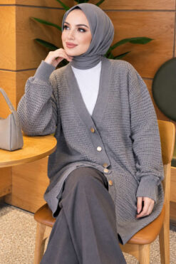 Alternative view of Lace-Patterned V-Neck Long Knit Cardigan Grey
