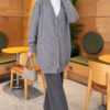 Lace-Patterned V-Neck Long Knit Cardigan Grey - Image 3