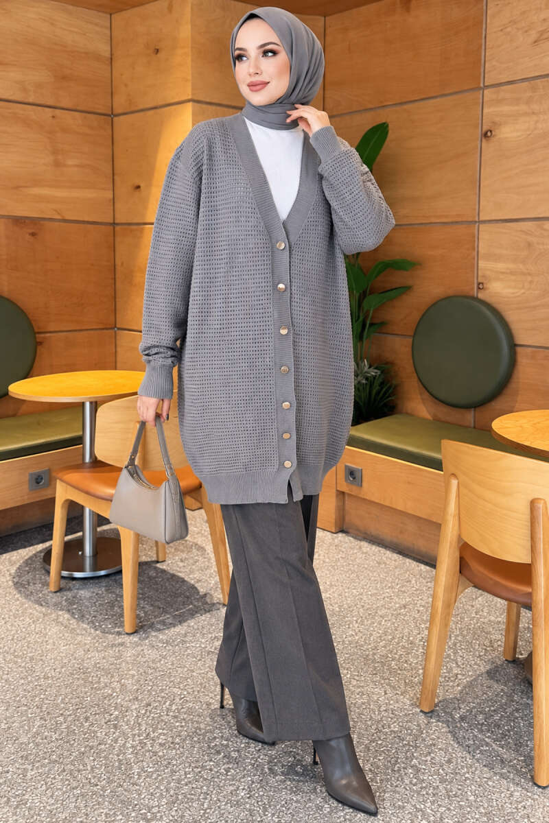 Lace-Patterned V-Neck Long Knit Cardigan Grey - Image 3