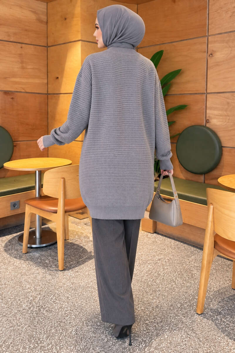 Lace-Patterned V-Neck Long Knit Cardigan Grey - Image 4