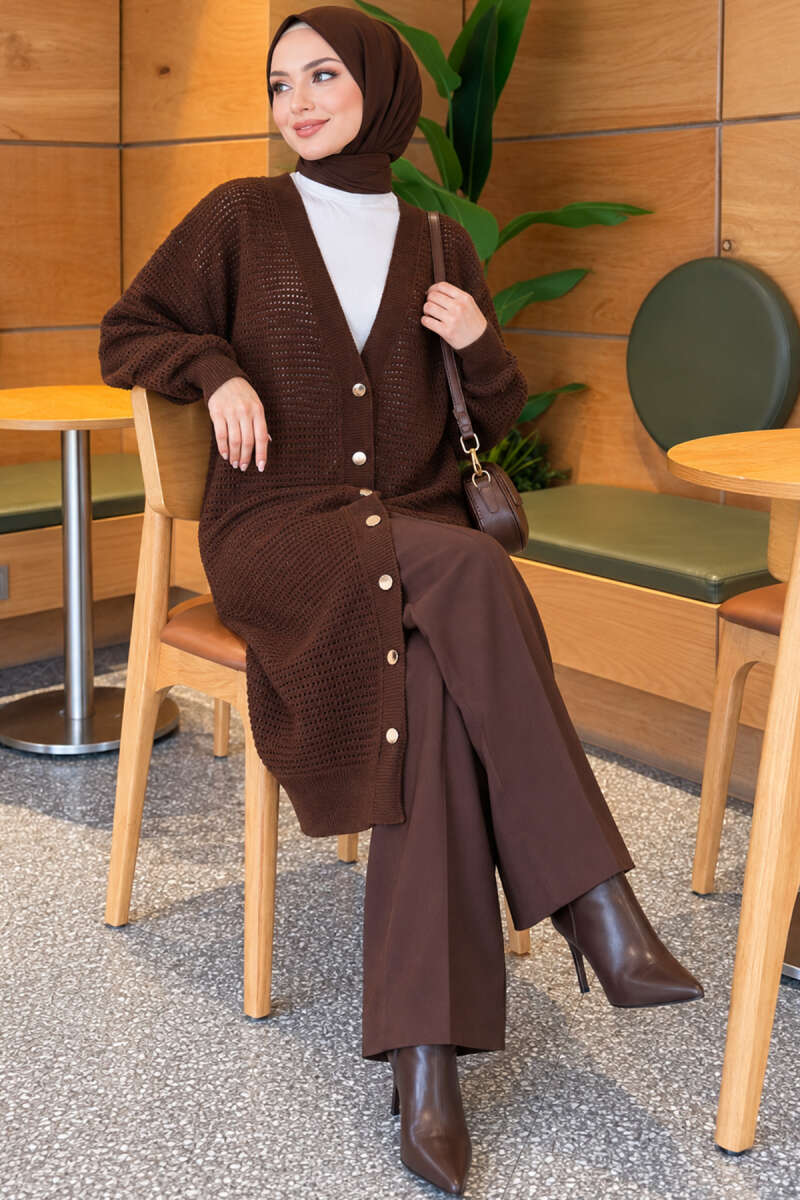 Lace-Patterned V-Neck Long Knit Cardigan Brown