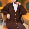 Lace-Patterned V-Neck Long Knit Cardigan Brown - Image 2