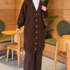 Lace-Patterned V-Neck Long Knit Cardigan Brown - Image 3
