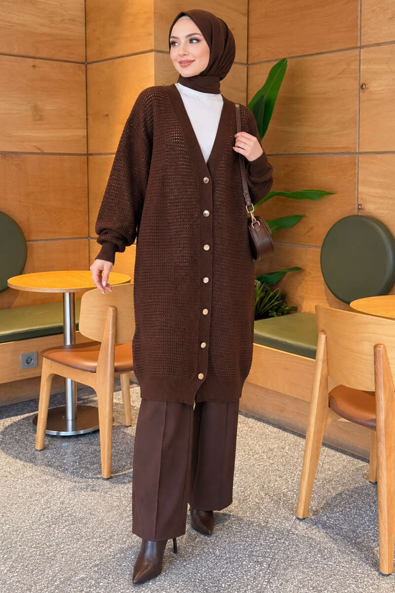 Lace-Patterned V-Neck Long Knit Cardigan Brown - Image 3