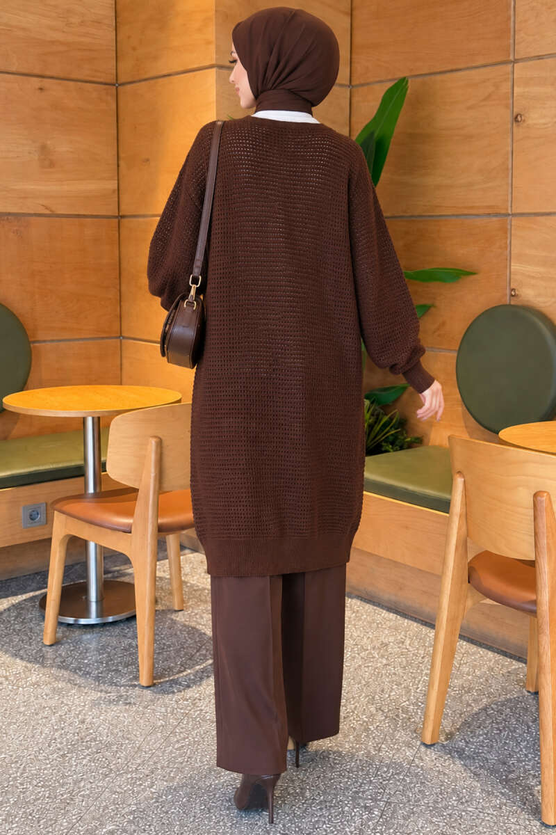 Lace-Patterned V-Neck Long Knit Cardigan Brown - Image 4