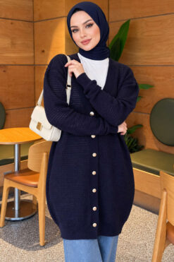 Lace-Patterned V-Neck Long Knit Cardigan Navy Blue