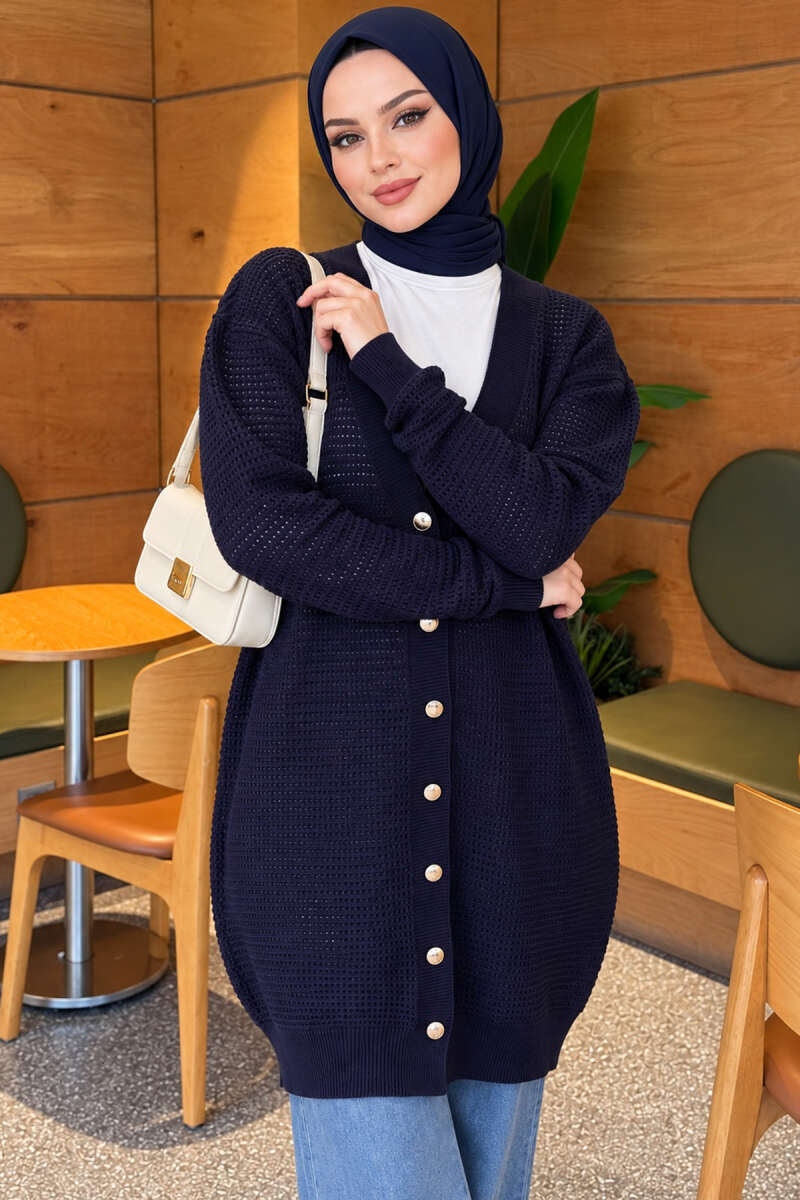 Lace-Patterned V-Neck Long Knit Cardigan Navy Blue