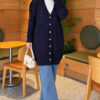 Lace-Patterned V-Neck Long Knit Cardigan Navy Blue - Image 2