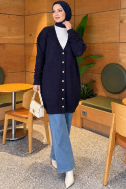 Alternative view of Lace-Patterned V-Neck Long Knit Cardigan Navy Blue