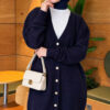 Lace-Patterned V-Neck Long Knit Cardigan Navy Blue - Image 3