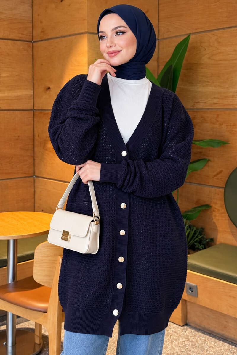 Lace-Patterned V-Neck Long Knit Cardigan Navy Blue - Image 3