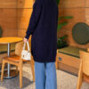 Lace-Patterned V-Neck Long Knit Cardigan Navy Blue - Image 4