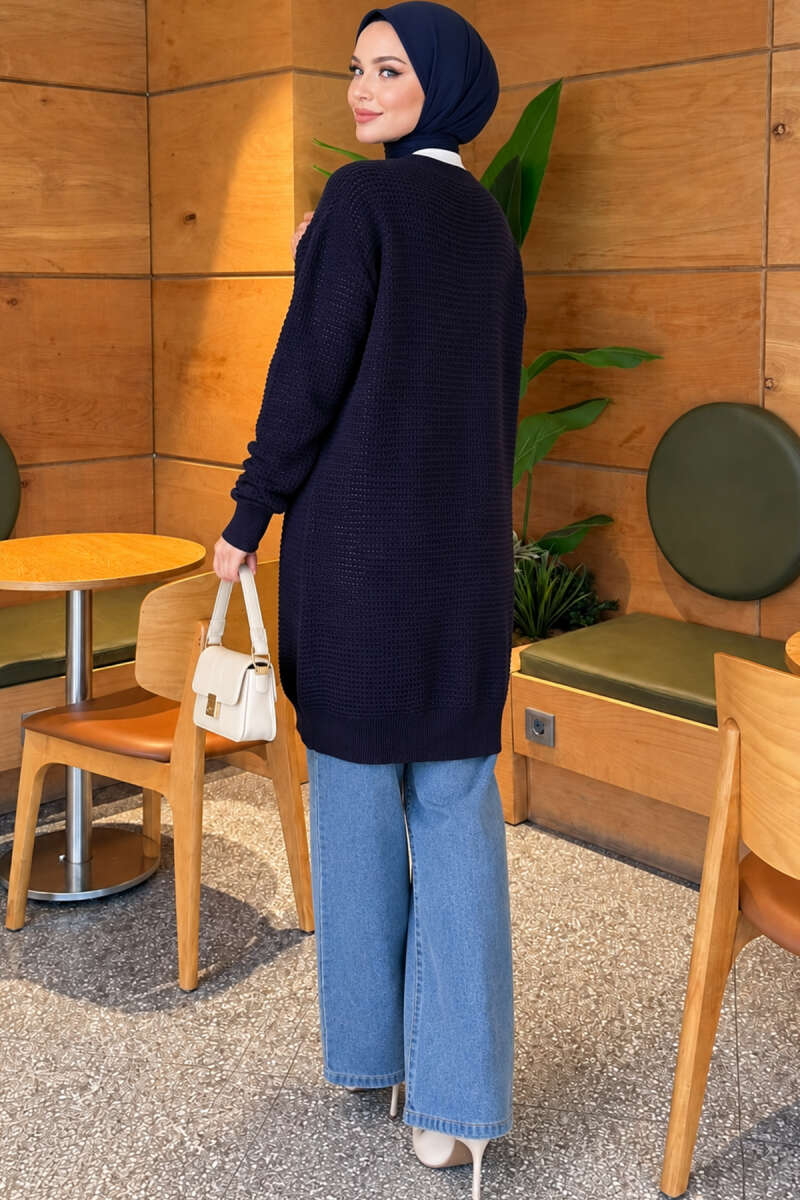 Lace-Patterned V-Neck Long Knit Cardigan Navy Blue - Image 4
