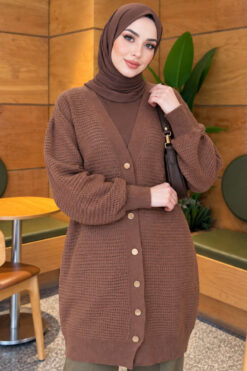 Lace-Patterned V-Neck Long Knit Cardigan Latte