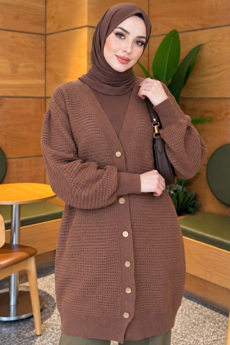 Lace-Patterned V-Neck Long Knit Cardigan Latte
