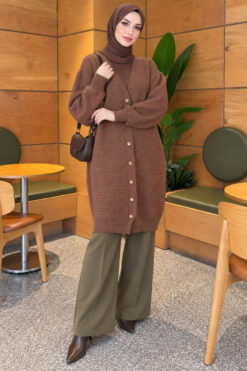 Alternative view of Lace-Patterned V-Neck Long Knit Cardigan Latte