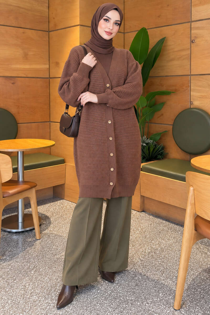 Lace-Patterned V-Neck Long Knit Cardigan Latte - Image 2