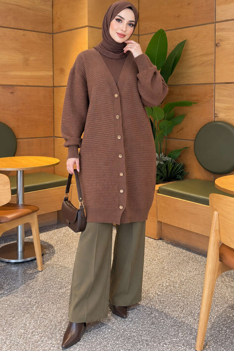 Lace-Patterned V-Neck Long Knit Cardigan Latte - Image 3