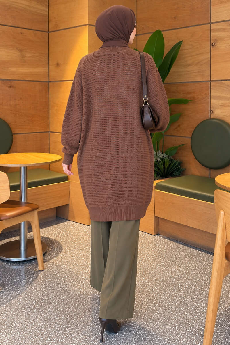 Lace-Patterned V-Neck Long Knit Cardigan Latte - Image 4